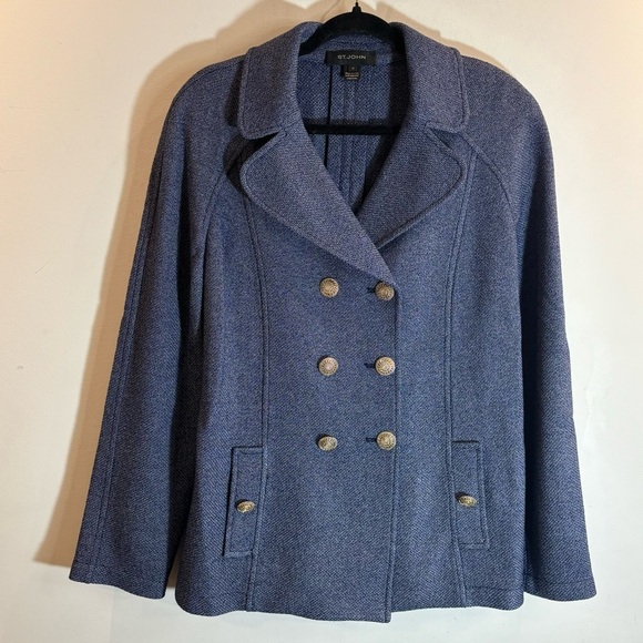 ST.JOHN Sz 12 53% Wool Textured Double Breasted Pleated Back Pockets Blazer - Picture 1 of 12